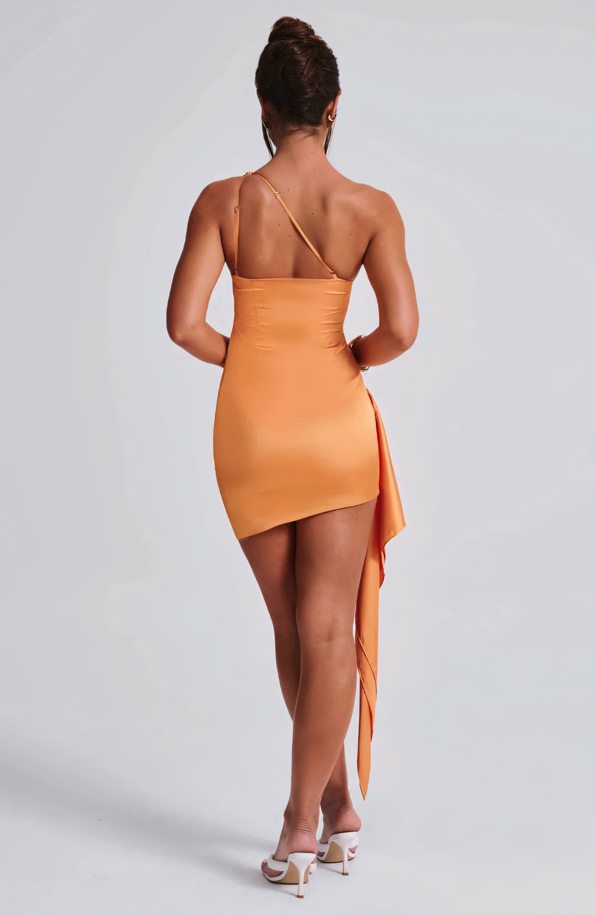 Satin One Shoulder All Over Ruched Side Train Drape Bodycon Mini Dress - View 7