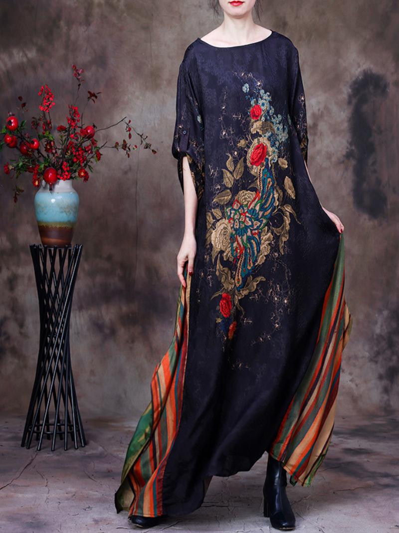 Floral Jacquard Round Neck Batwing Striped-Panel Maxi Dress 5
