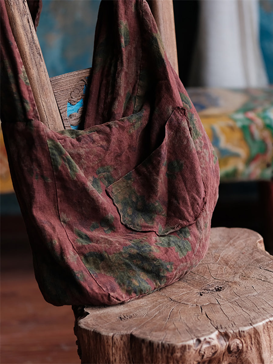 Retro Floral Spliced Linen Shoulder Bag