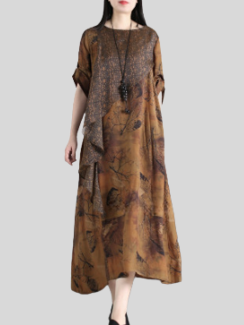 Printed Round-Neck Layered-Look Loose A-Line Maxi Dress 3