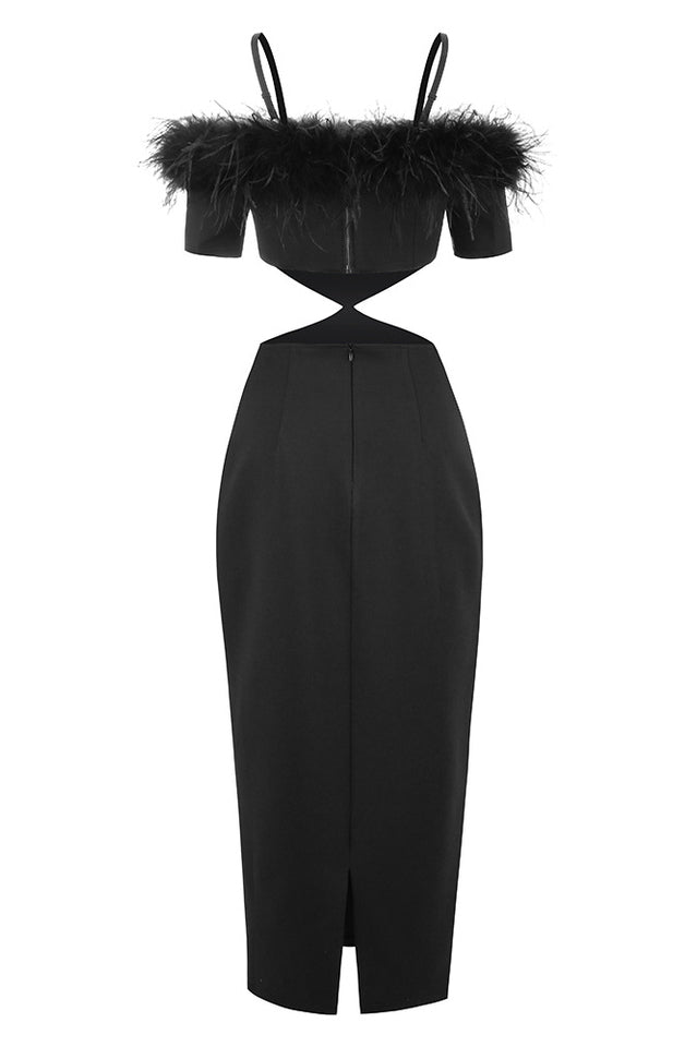 Cutout Feather Trim Spaghetti Strap Dress - Fashionpara