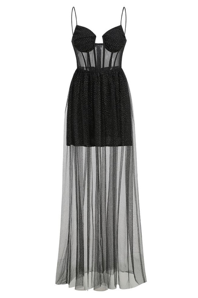 Glitter Tulle Sweetheart Corset Sheer Maxi Gown