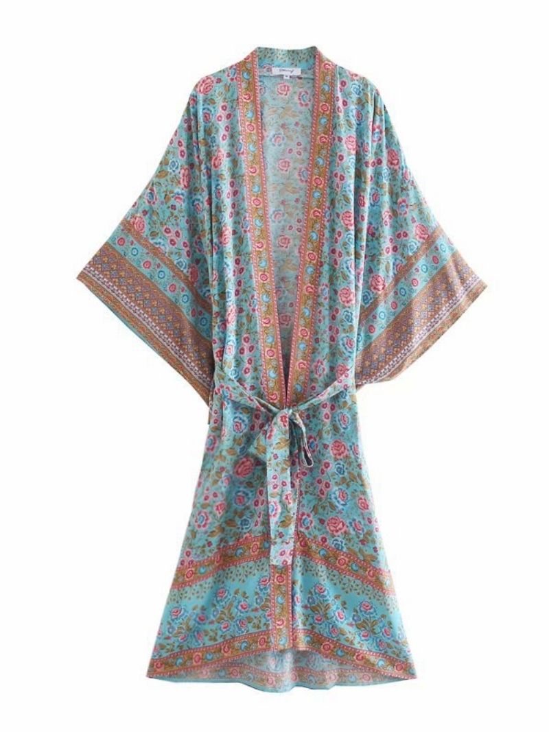 Beachwear Long Floral Print Blue Color Cotton Long Length Gown Kimono Robe - Fashionpara