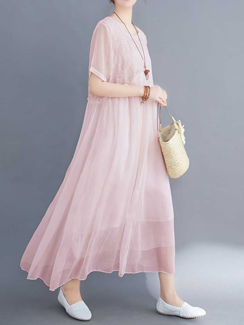Embroidered Silk Round-Neck A-Line Dress - Fashionpara