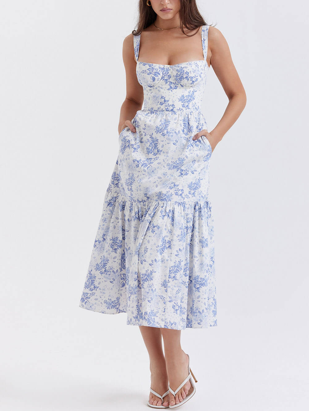 Strap A-Hem Floral Midi Dress - Fashionpara