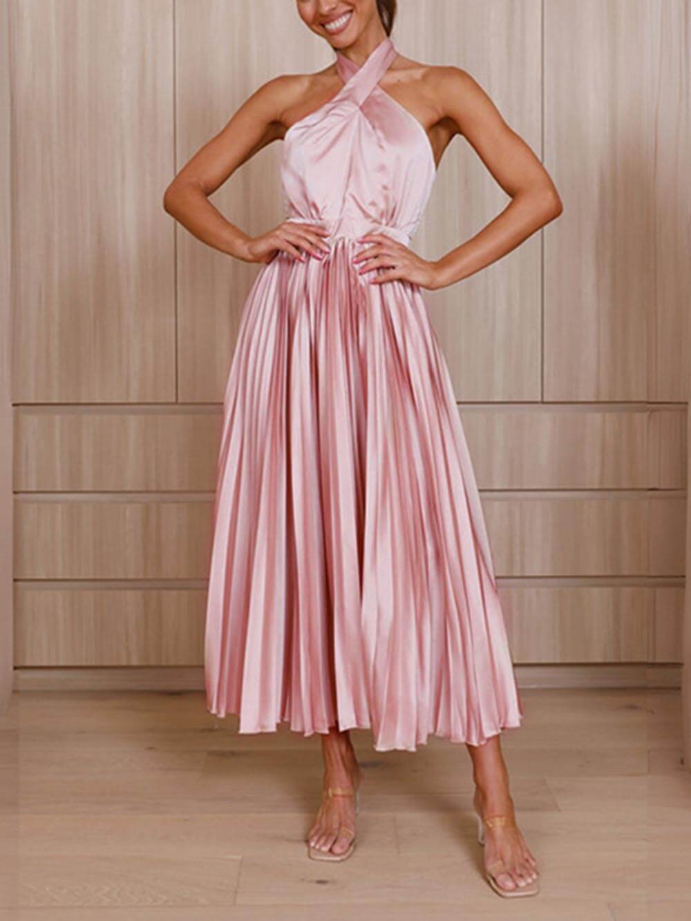 Neckline Pleated Vacation Party Midi Dresses - Fashionpara