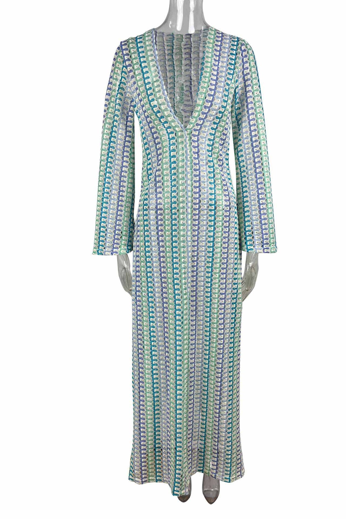 Crochet Deep V-Neck Long Sleeve Striped Boho Maxi Dress - View 15