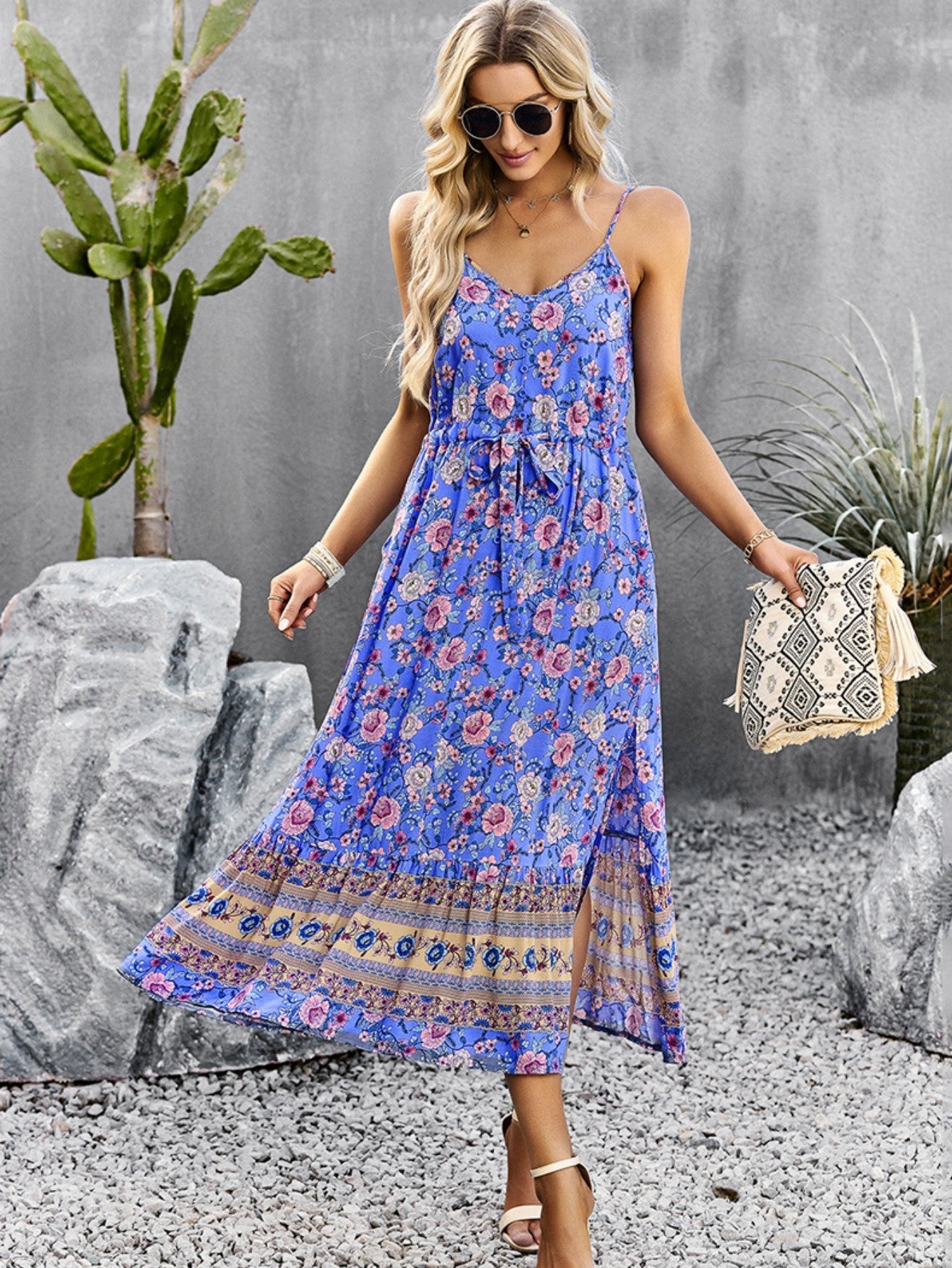 Blue A Line Floral Long Boho Dress With Slit - Fashionpara