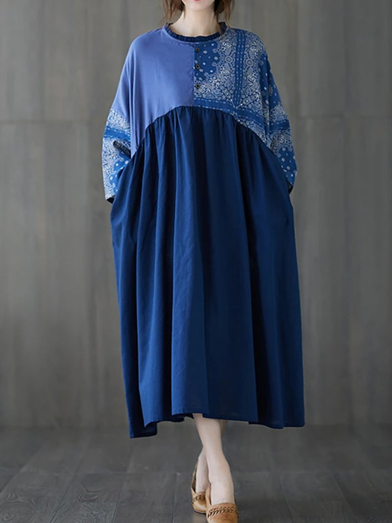 Paisley Patchwork Stand Collar Pleated Smock Midi Dress 9
