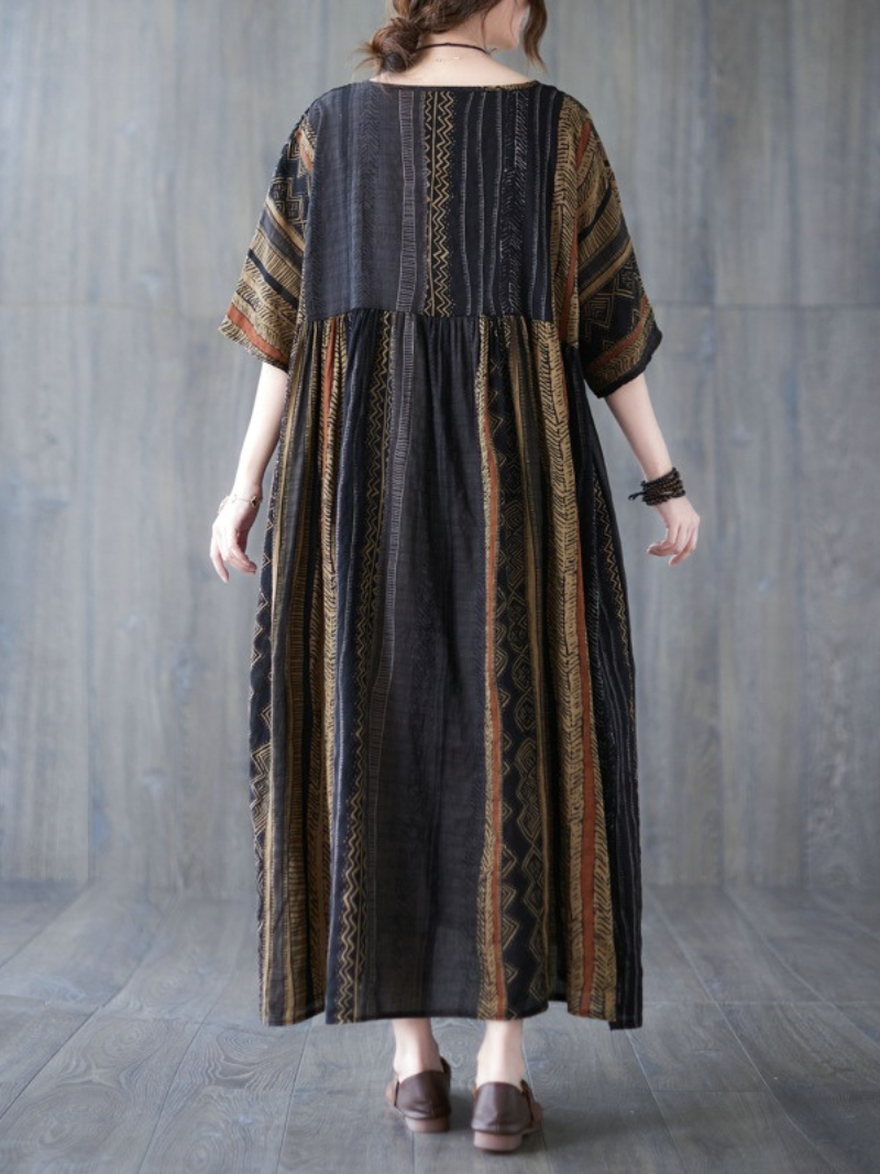 Striped Round Neck Short Sleeve Smock Midi Dress 4