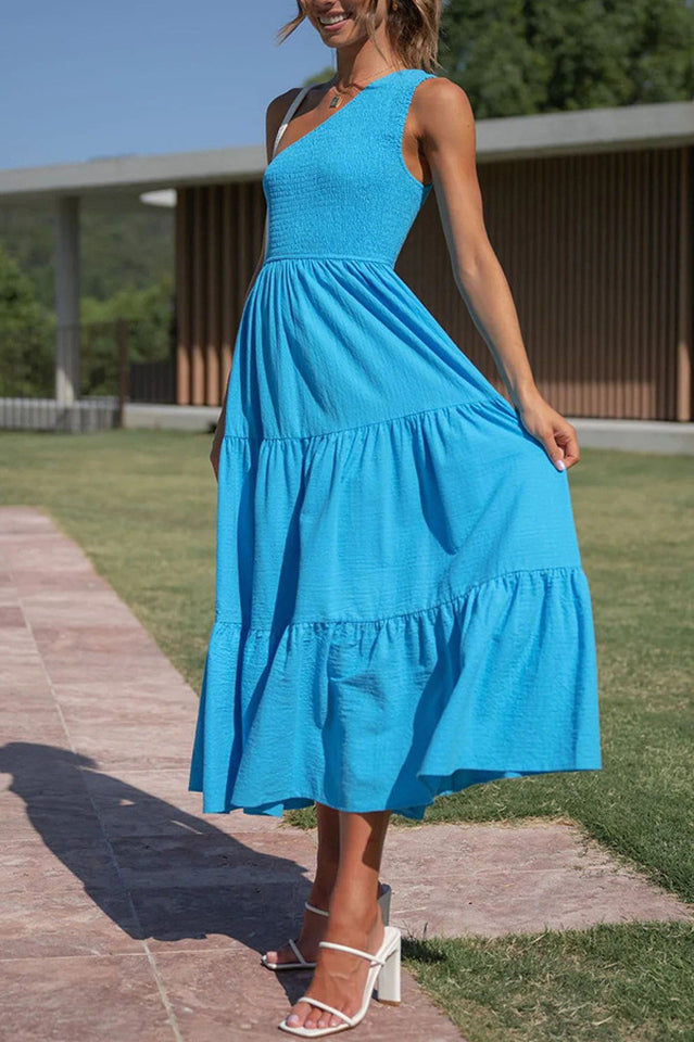 One Shoulder Shirred Tiered Midi Dress 10