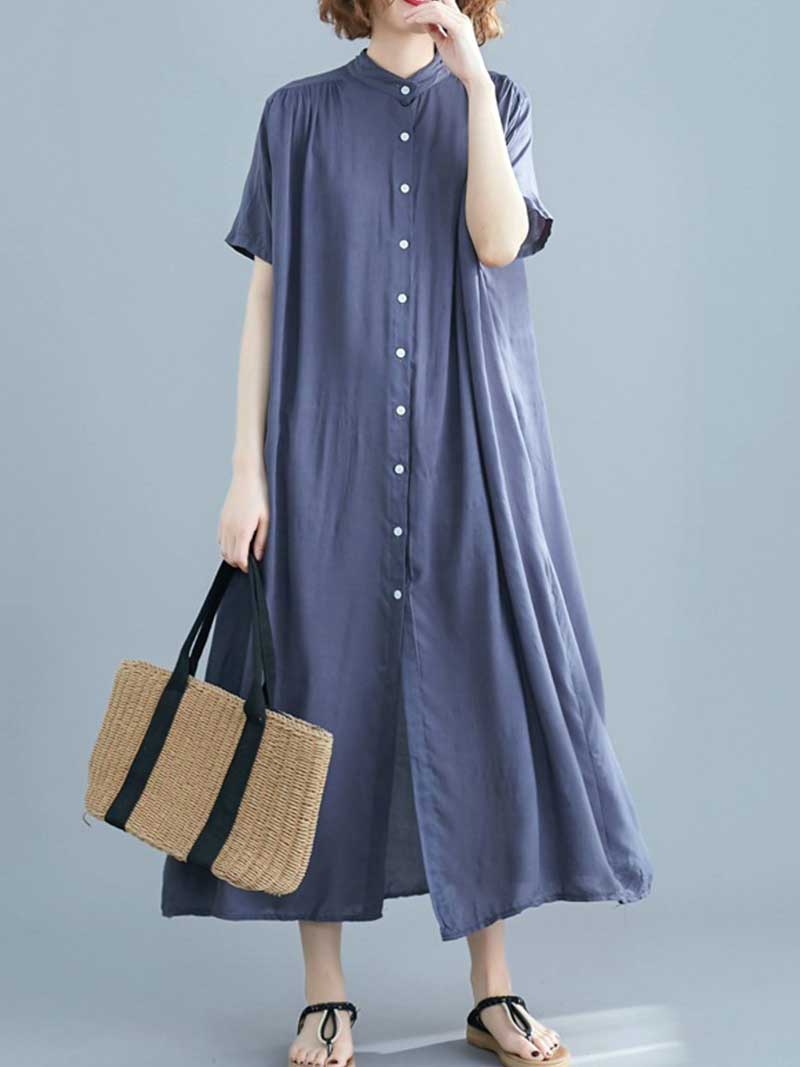 Long Cotton Front Button Cotton Shirt Dress (White - Black - Grey- Apricot) - Fashionpara