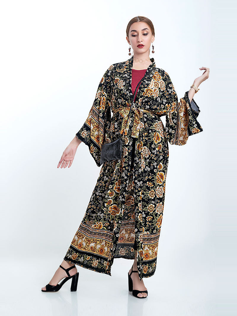 Partywear Floral Print Black Color Cotton Long Length Gown Kimono Duster Robe - Fashionpara