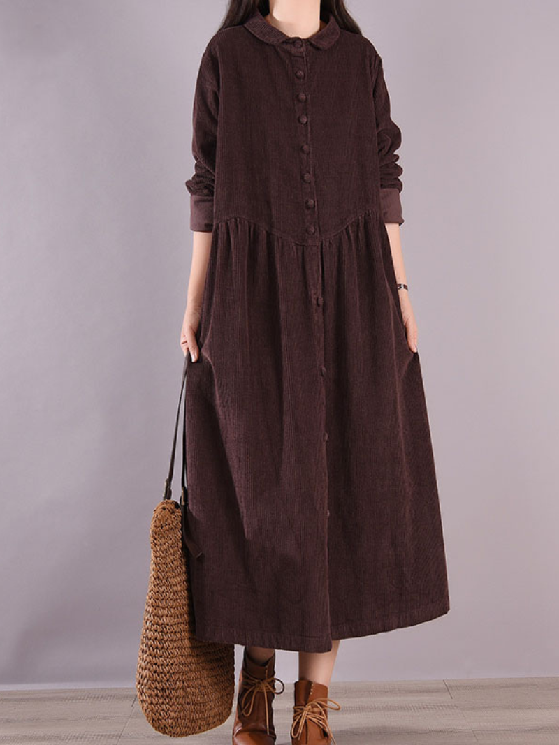 Corduroy Peter Pan Collar Long Sleeve Button Front A-Line Midi Dress - View 3