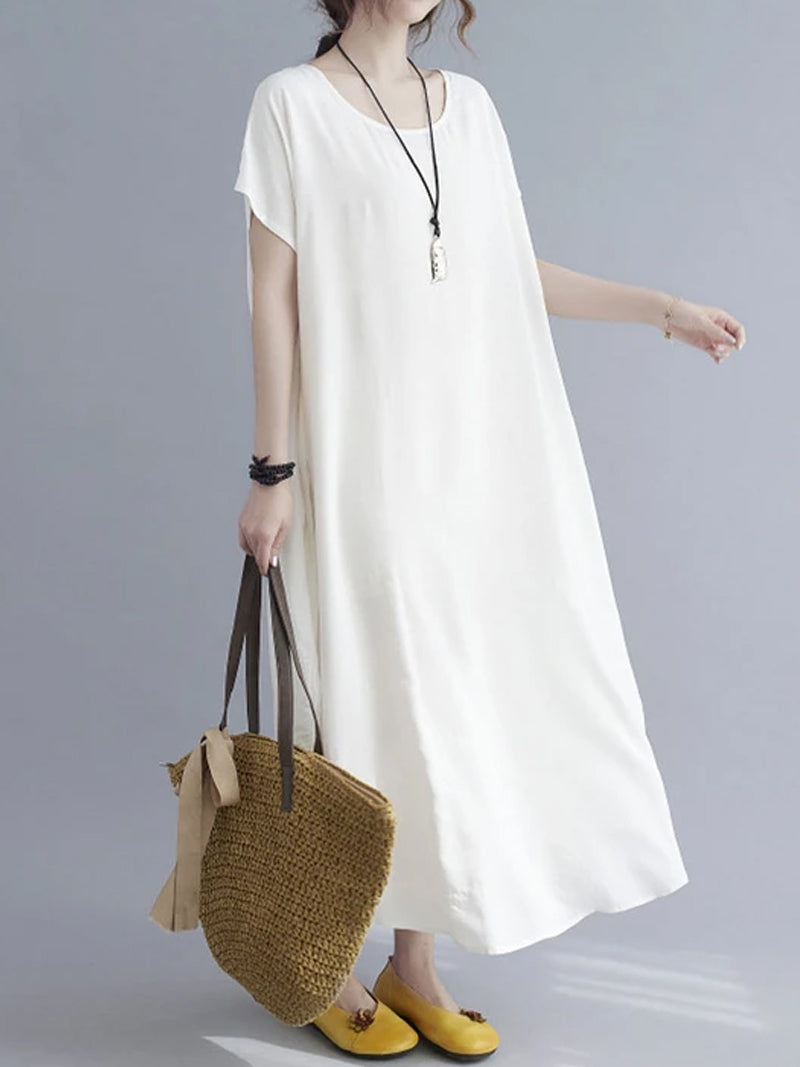 Cotton Round Neck Short Sleeve Cocoon Midi Dress 10