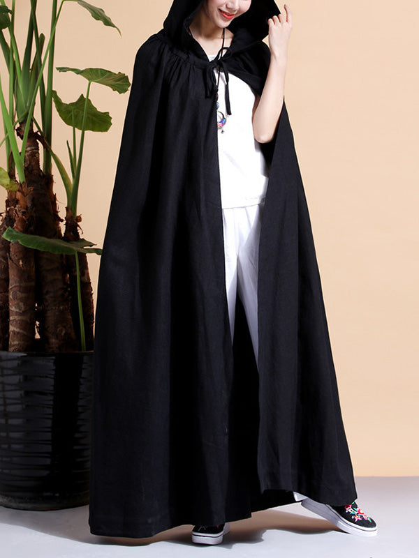 Solid Color Hooded Linen Cape Coat 16