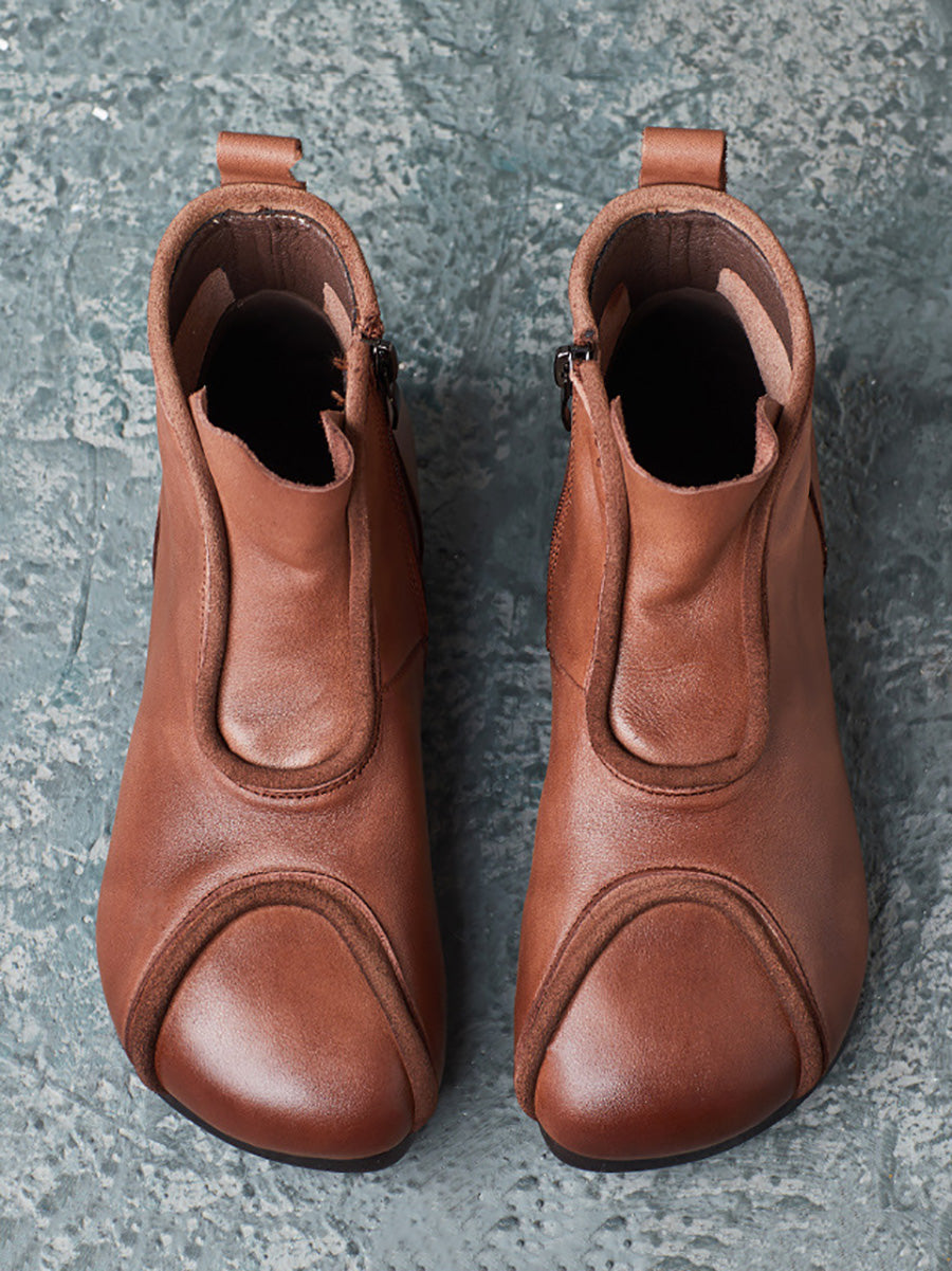 Genuine Leather Spliced Solid Low Heel Ankle Boots