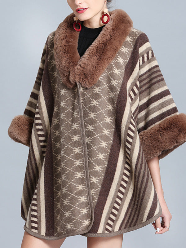 Stripe Bordeus Fluffy Neck Plus Size Cape Cardigan 16