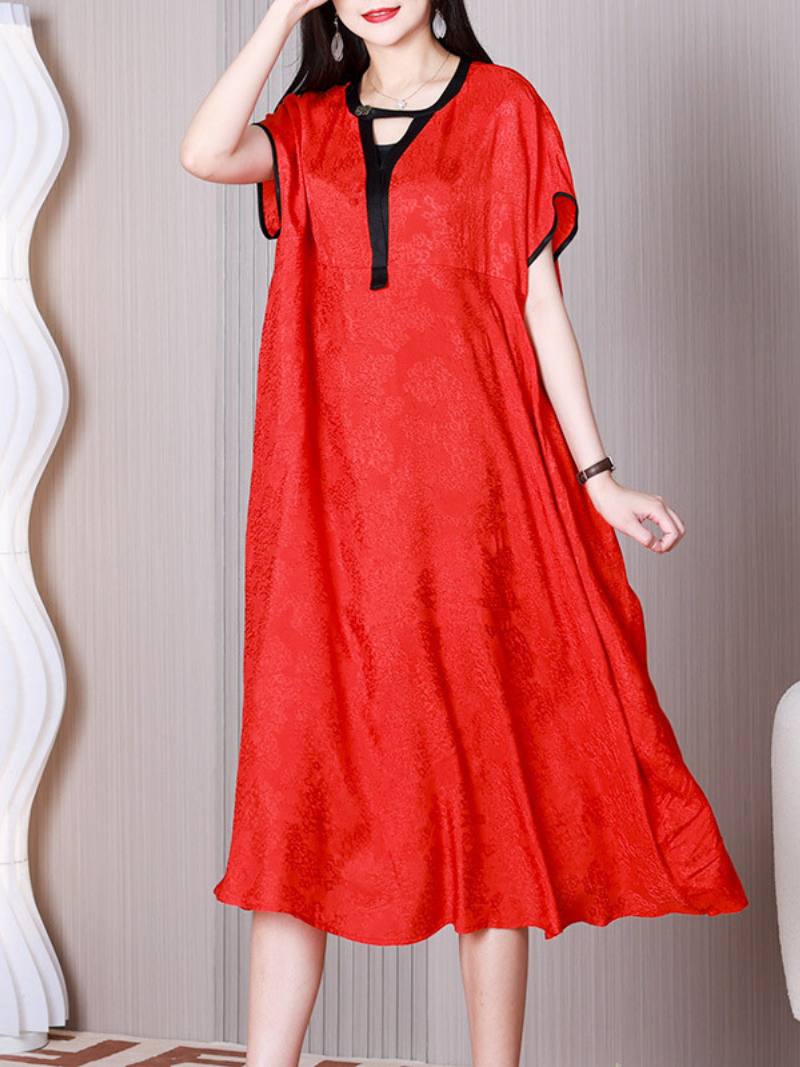 Jacquard Keyhole V-Neck Short-Sleeve A-Line Midi Dress