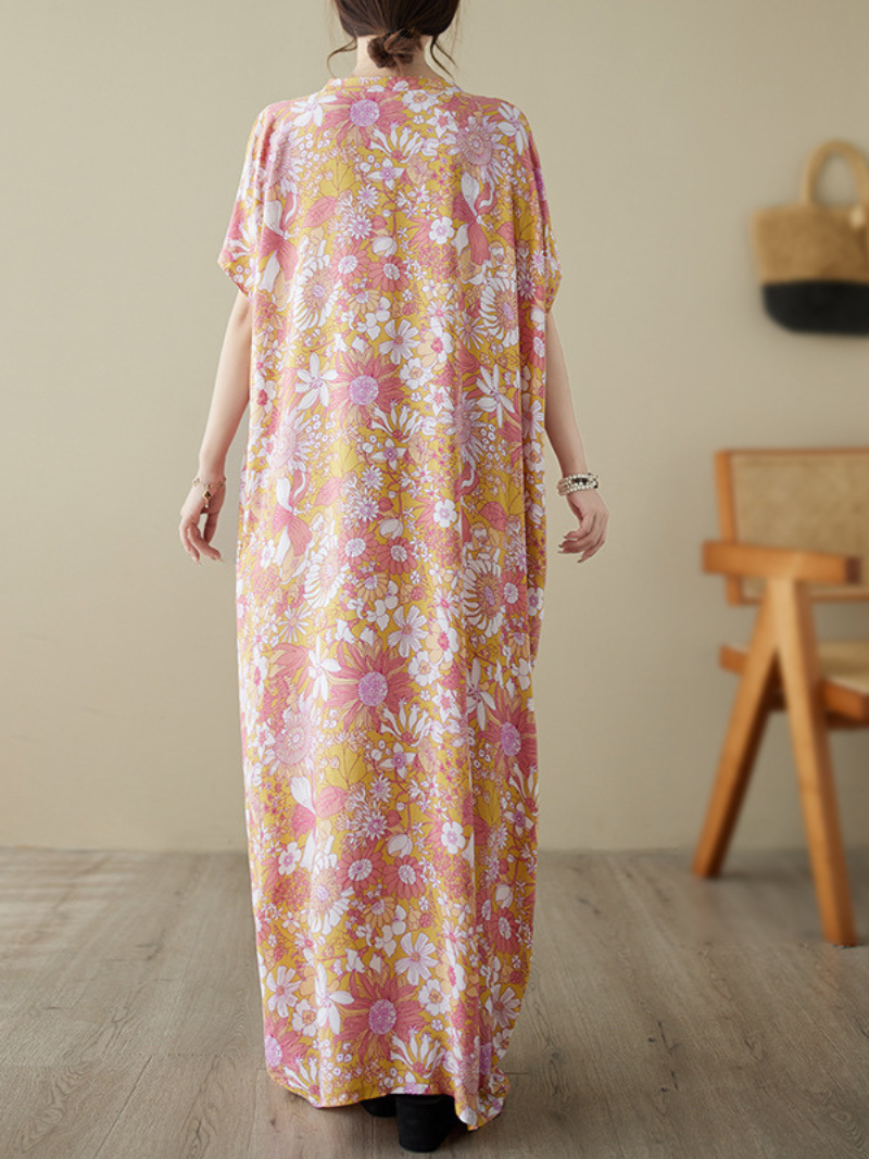 Floral Print V-Neck Short Sleeve Kaftan Maxi Dress 2
