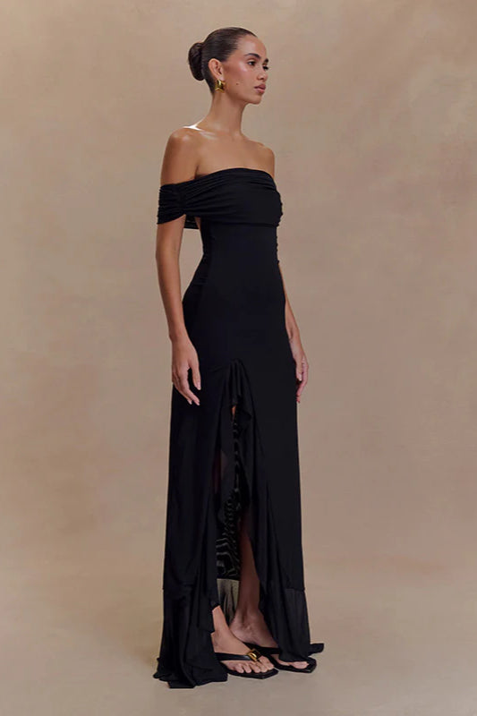 Off-Shoulder Ruffle Mesh Split Maxi Party Dress