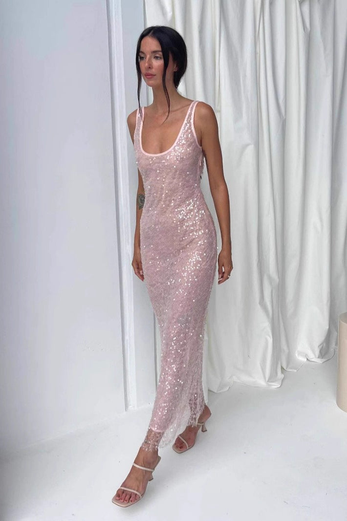 Sequin Scoop Neck Wide Strap Sleeveless Bodycon Maxi Gown - View 3