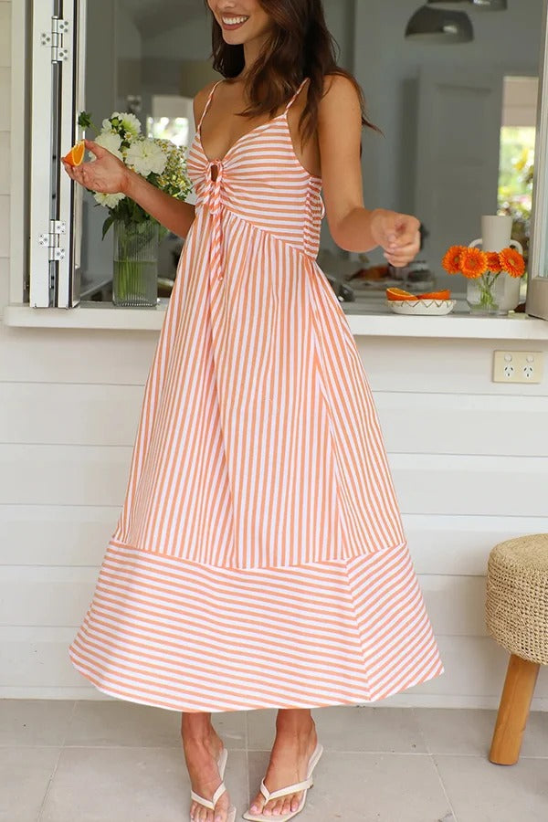 Striped Print Suspenders Gathered Lace-up Loose Midi Dress - Fashionpara