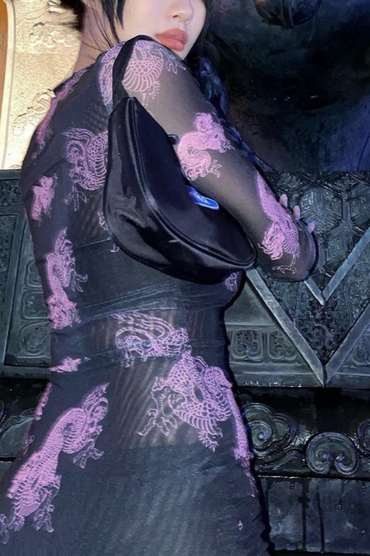 Sheer Mesh Print Bodycon Mini Dress