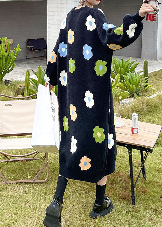 Knit Floral Print Oversized Crew Neck Long Sleeve Maxi Sweater Dress - View 4