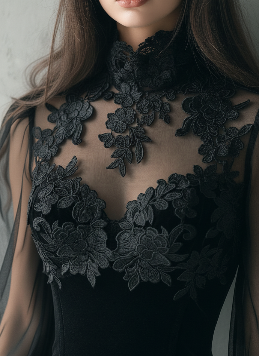 Elegant Black Velvet Lace Sheer Balloon Sleeve Blouse - Fashionpara