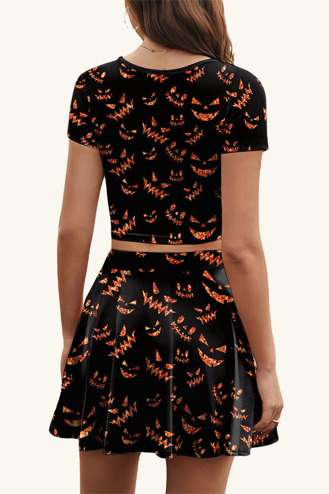 Halloween Ghost Print Pleated SkirtTop Two Pieces Set
