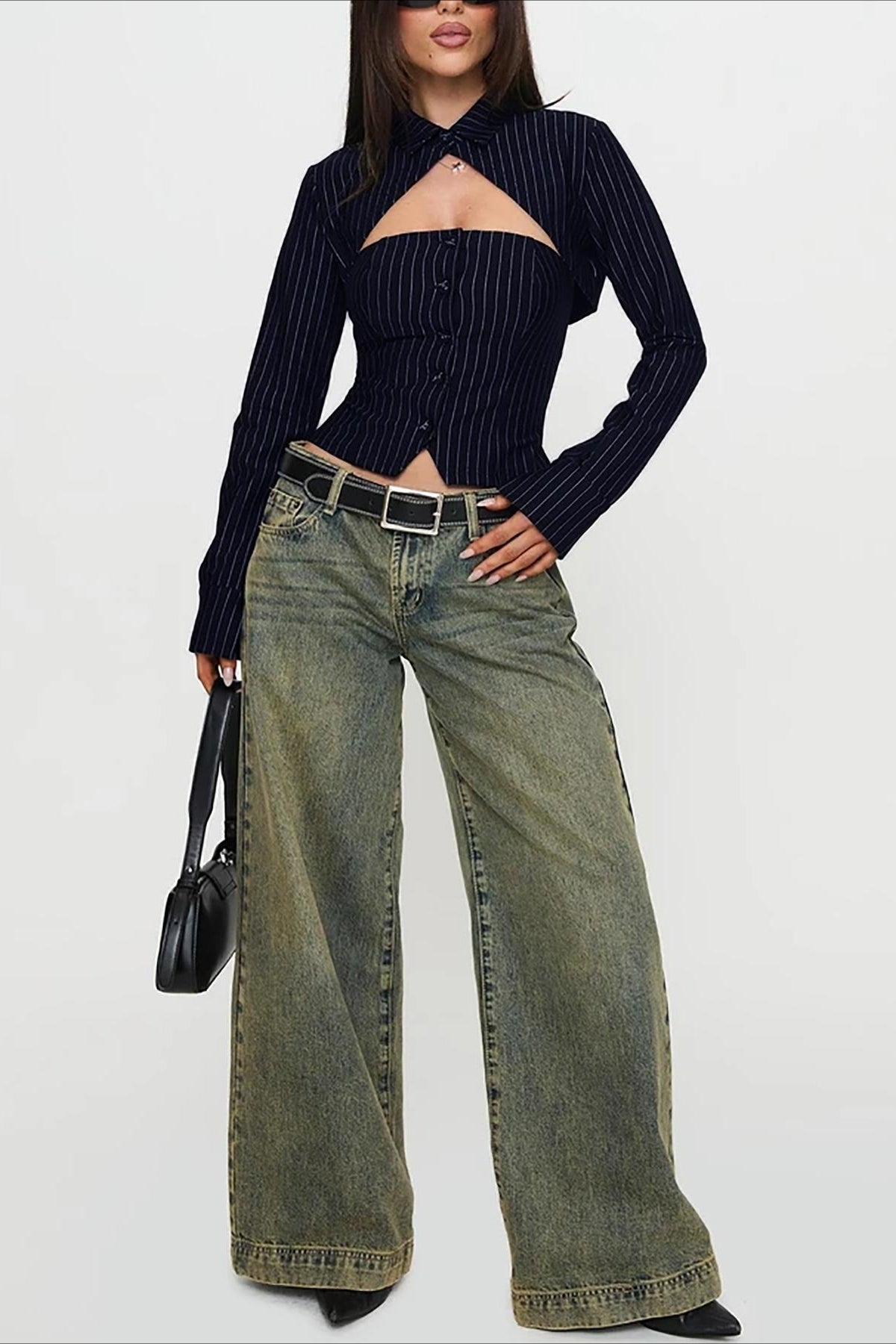 Striped Collared Buttoned Hollow Long Sleeve Blouse