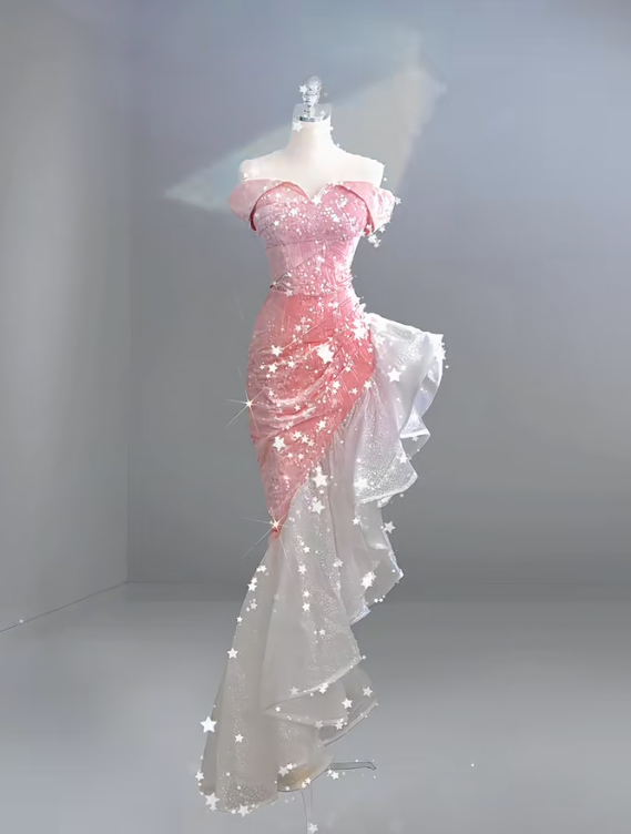 Off The Shoulder Pink Long Prom Dress Evening Party Dress - Fashionpara