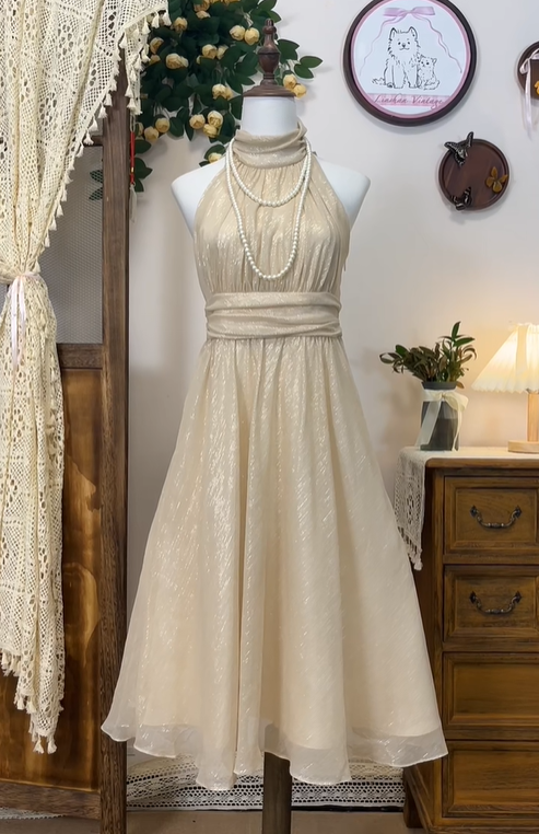 Sparkly Champagne Tulle Sequin A Line Formal Homecoming Dress Halter Birthday Dress S458