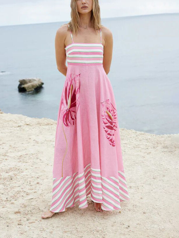 Striped Floral-Panel Straight-Neck Spaghetti-Strap Maxi Dress 5