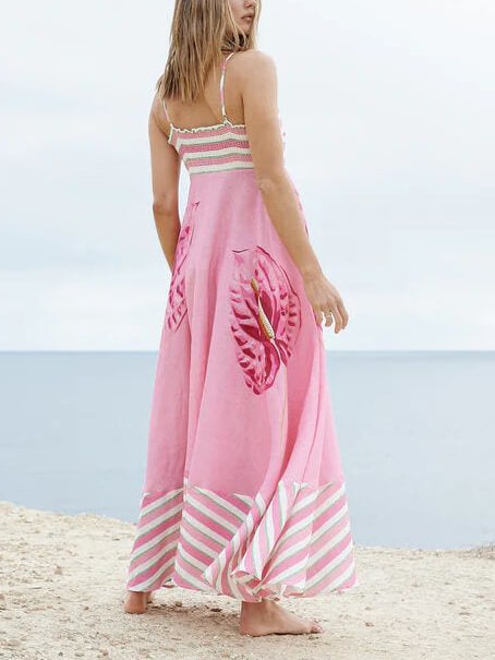 Floral Print Paneled Striped Suspender Mixi Dress - Fashionpara