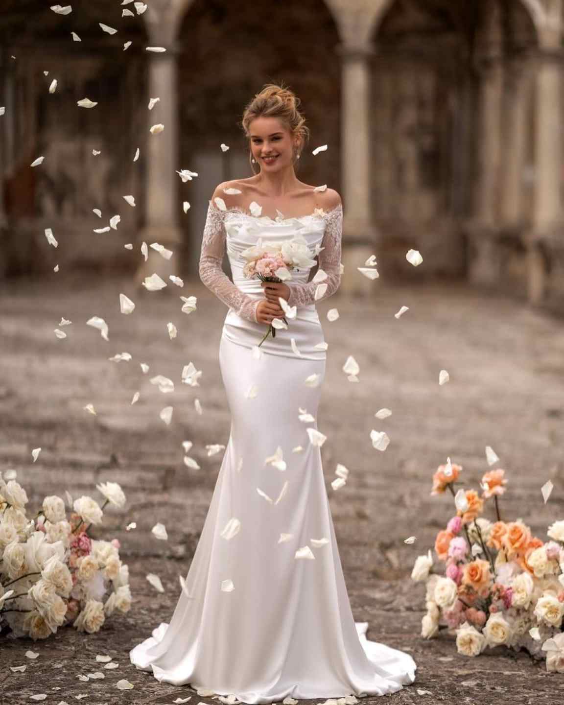 Sexy Trumpet Off-Shoulder Long Sleeve With Overskirt Beach Wedding Dress