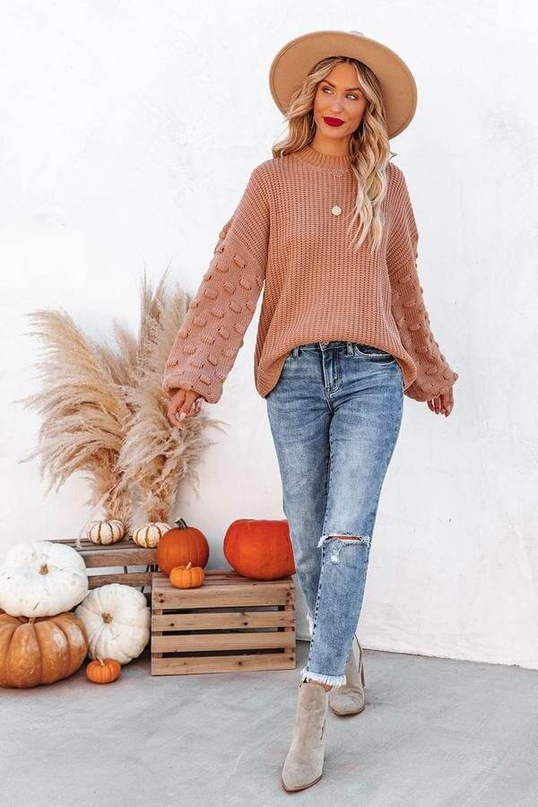 Textured Knit Sweater with Elegant Lantern Sleeves