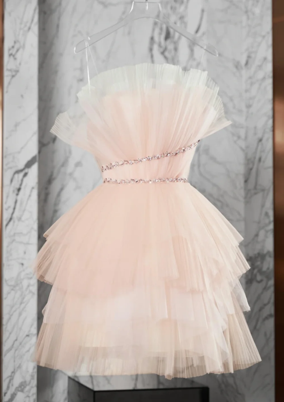 Simple Strapless Tulle Beaded Homecoming Dress Light Pink Cocktail Dress S366