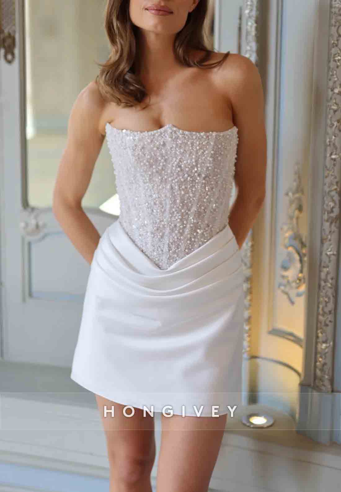 Crisscross Back Beading Pleated Strapless Mini Wedding Dresses