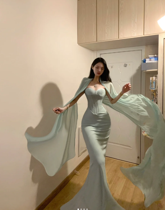 Classy Strapless Light Green Satin Mermaid Party Dress Long Evening Gown D839