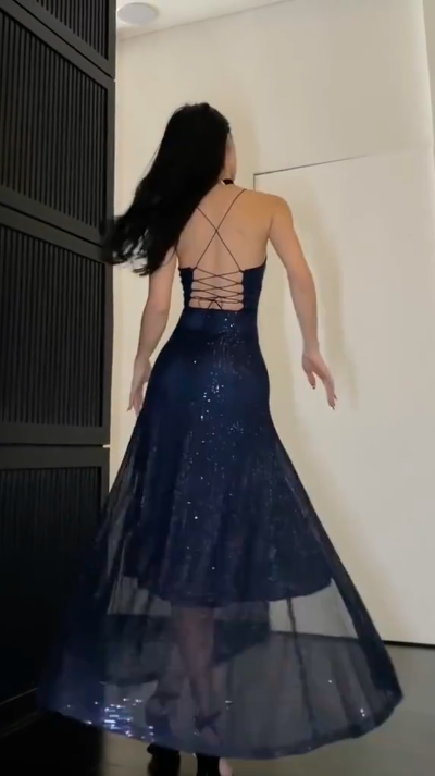 Sparkly Navy Blue Sequin Slit A Line Evening Dress Formal Long Prom Dress D811