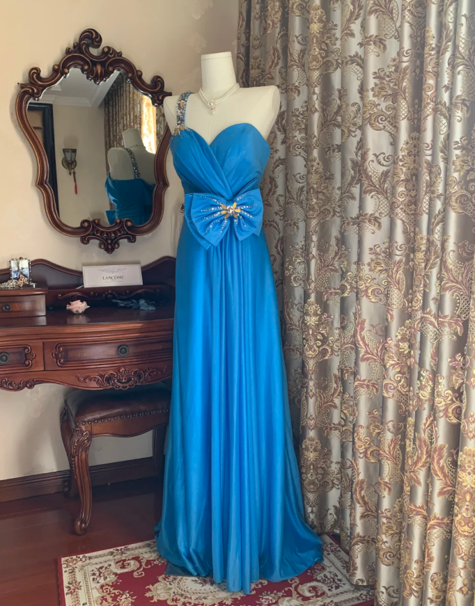 Vintage One Shoulder Blue Satin Beaded Long Wedding Guest Dress Birthday Party Dress With Bow D1751