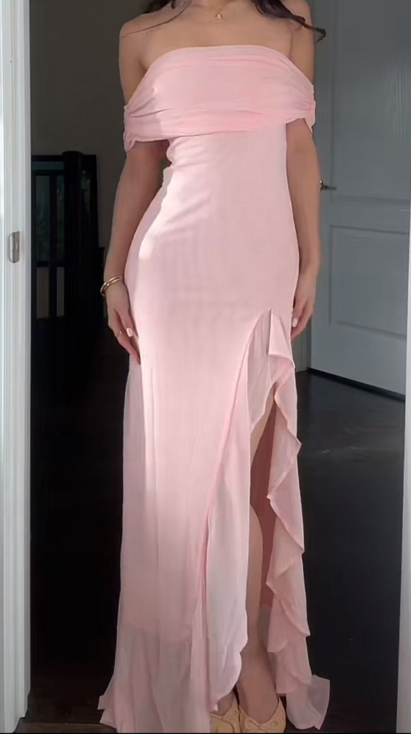 Pretty Strapless Pink Chiffon Ruffles Slit Evening Dress Long Wedding Guest Dress D959