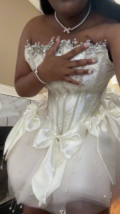 Elegant Strapless White Tulle Beaded A Line Short 18th Birthday Outfits Formal Homecoming Dress With Bow D173