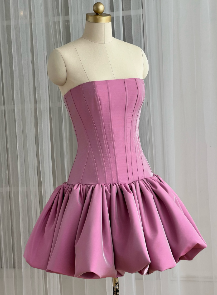 Elegant Rose Pink Strapless Satin Pleated A Line Short Party Dress Formal Homecoming Dress D224