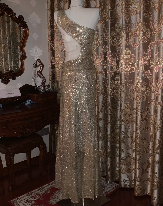 Sparkly Gold One Shoulder Sequin Mermaid Evening Dress Long Party Gown D1722