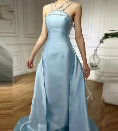 Gorgeous Blue Sleeveless Satin Beaded Mermaid Long Prom Dress Evening Gown D1080