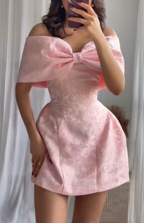 Cute Bow Off The Shoulder Pink Satin Print Floral A Line Formal Homecoming Dress Birthday Outfits D382