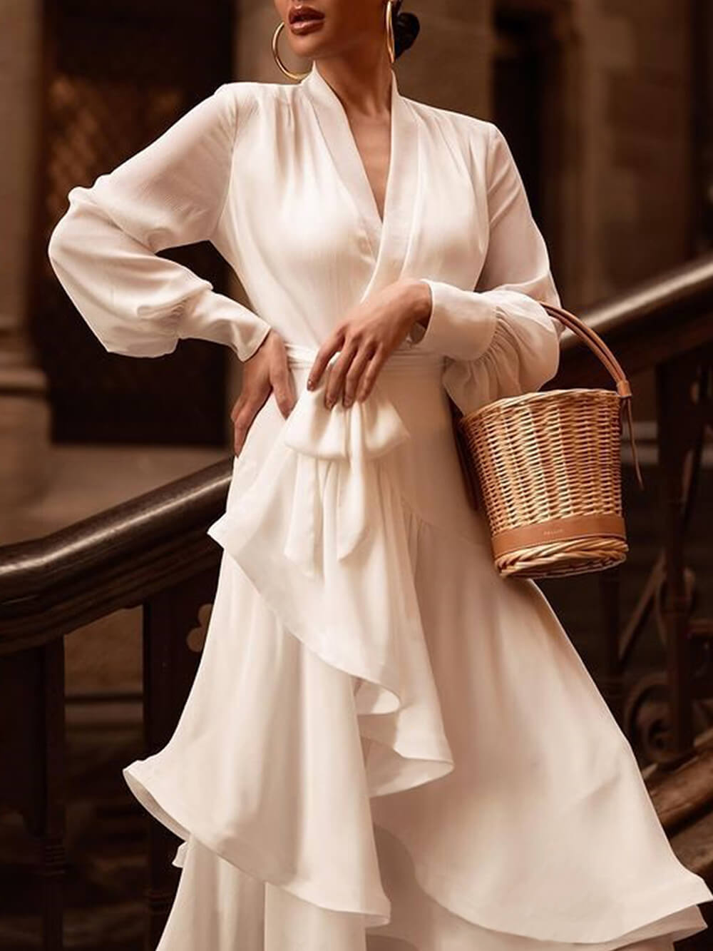 Wrap Deep V-Neck Bishop Sleeve Tiered Ruffle Maxi Dress - View 2
